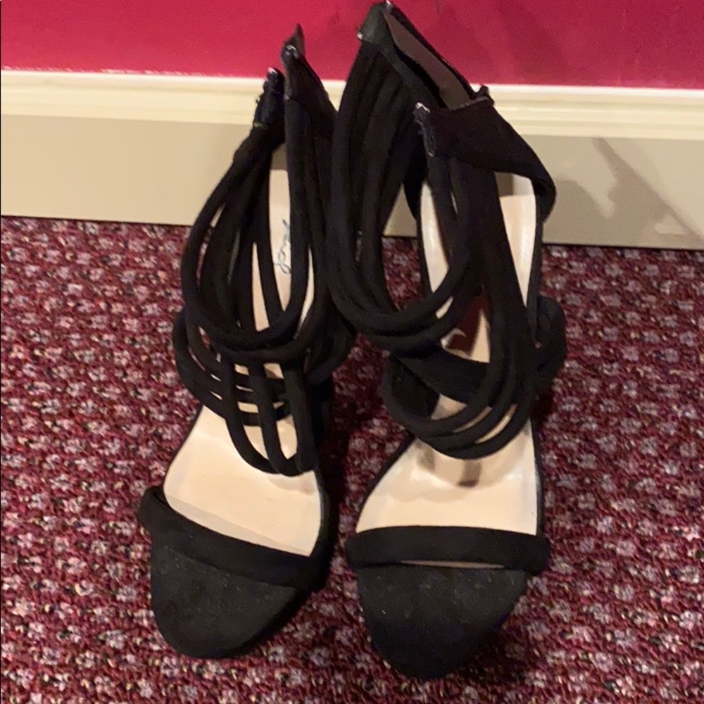 Blk strappy suede high heel back heel zipper